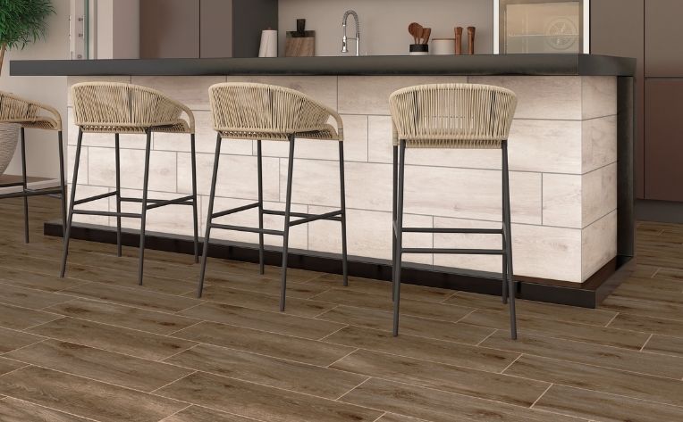 long tile flooring kitchen counter area